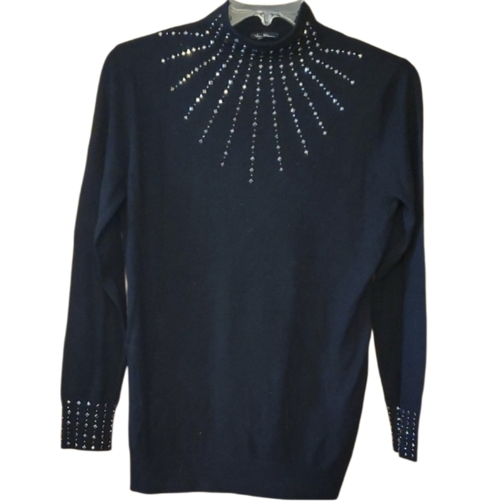 Vila Milano Black Wool Blend Soft Mock Turtleneck Sweater With Gunmetal Studs